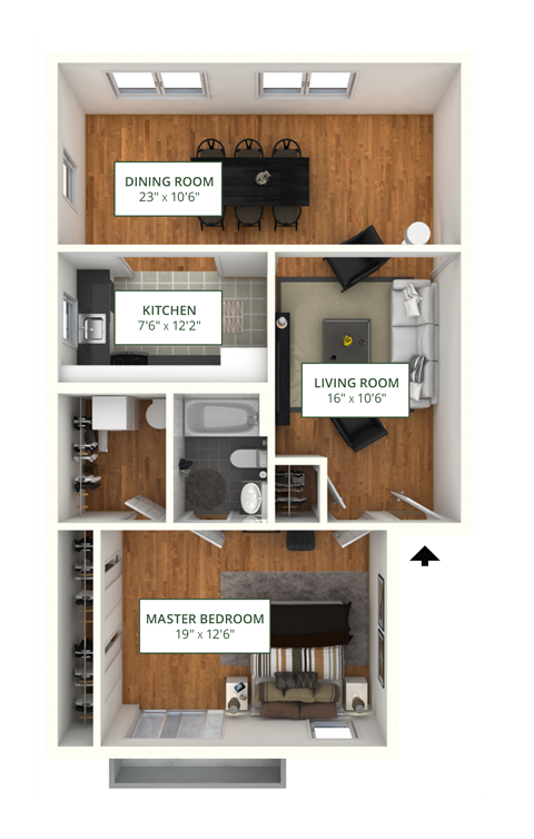Floor plan for 1 bed, 1 bath, 800 sqft